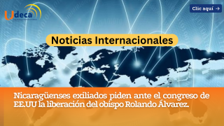 Nicaragüenses exiliados piden ante el congreso de EE UU la liberación del obispo Rolando Álvarez.